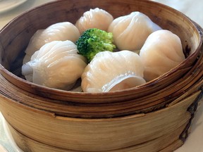 Har gow (shrimp dumplings) at Peninsula Seafood Restaurant in Vancouver are presented in a bamboo steamer.