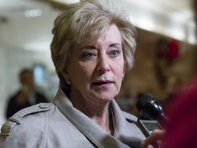 Linda McMahon, former chief executive officer of World Wrestling Entertainment Inc., speaks to the media in the lobby of Trump Tower.