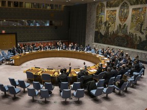 Members of the United Nations Security Council vote at the United Nations headquarters.