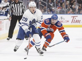 The Maple Leafs' William Nylander is chased by Edmonton Oilers' Mark Letestu in a November game. The bigger concern with Nylander is his defensive game, not his offence.