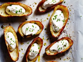 Potato skins are delicious warm or at room temperature, just make sure your sour cream is cold when you fill them.