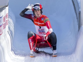 Canada's Kim McRae gestures after her final run at the world luge championships on Jan. 28.