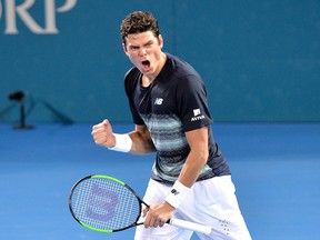 Milos Raonic of Canada celebrates victory after his match against Rafael Nadal of Spain on day six of the 2017 Brisbane International at Pat Rafter Arena on January 6, 2017 in Brisbane, Australia.
