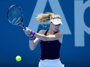 Eugenie Bouchard of Canada plays a backhand shot in her second round match against Dominika Cibulkova of Slovakia during day three of the 2017 Sydney International at Sydney Olympic Park Tennis Centre on January 10, 2017 in Sydney, Australia.