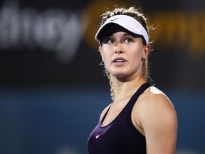Eugenie Bouchard of Canada looks on in her semi final match against Johanna Konta of Great Britain during day five of the 2017 Sydney International at Sydney Olympic Tennis Centre on January 12, 2017 in Sydney, Australia.