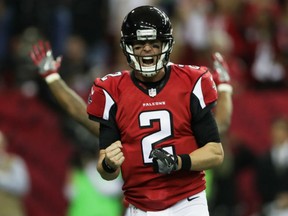 Falcons quarterback Matt  celebrates after throwing a touchdown pass against the Seattle Seahawks in their NFC divisional playoff game Saturday at the Georgia Dome in Atlanta.