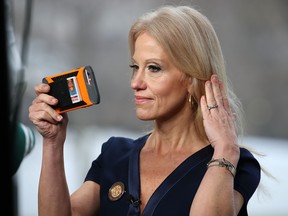 Kellyanne Conway prepares to appear on the Sunday morning show Meet The Press, from the north lawn at the White House, January 22, 2017 in Washington, DC.