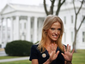 Kellyanne Conway, prepares to appear on the Sunday morning show Meet The Press, from the north lawn at the White House, January 22, 2017