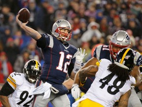 Tom Brady of the New England Patriots throws a pass during the second half against the Pittsburgh Steelers in the AFC Championship Game at Gillette Stadium Sunday in Foxboro, Massachusetts.