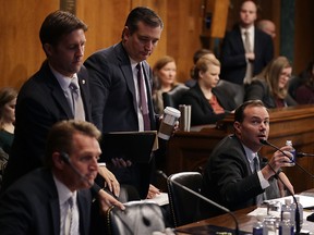 Senate Judiciary Committee members (L-R) Sen. Jeff Flake (R-AZ), Sen. Ben Sasse (R-NE), Sen. Ted Cruz (R-TX) and Sen. Mike Lee (R-UT) participate in a mark up session in the Dirksen Senate Office Building on Capitol Hill January 24, 2017 in Washington, DC.