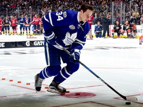 Toronto Maple Leafs forward Auston Matthews competes in the All-Star Skills Challenge Relay in Los Angeles on Jan. 28.