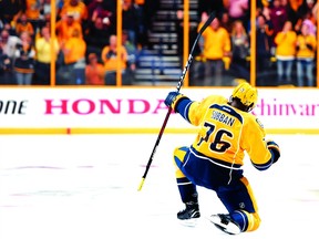 Nashville Predators defenceman P.K. Subban celebrates scoring against the Chicago Blackhawks on Oct. 14.