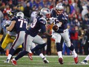 LeGarrette Blount takes the handoff from Tom Brady during the New England Patriots' AFC Championship game win over the Pittsburgh Steelers on Sunday, Jan. 22, 2017.