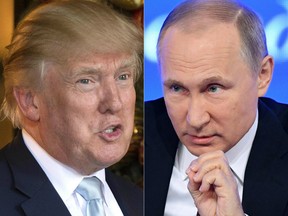 This combination of pictures created on December 30, 2016 shows a file photo taken on December 28, 2016 of US President-elect Donald Trump (L) in Palm Beach, Florida; and a file photo taken on December 23, 2016, of Russian President Vladimir Putin speaking in Moscow.
