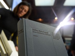 A copy of an annotated version of Adolf Hitler's book Mein Kampf prior to a press conference for its presentation in Munich, southern Germany, on January 8, 2016