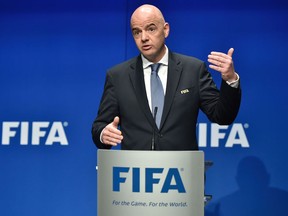 International Federation of Association Football (FIFA) President Gianni Infantino speaks during a press briefing closing a meeting of the FIFA executive council on January 10, 2017 at FIFA headquarters in Zurich.