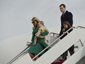 U.S. President-elect Donald Trump's daughter Ivanka Trump, her son Theo, her husband Jared Kushner and daughter Arabella, step off a plane upon arrival at Andrews Air Force Base in Maryland on January 19, 2017.