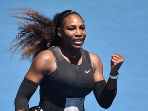Serena Williams of the U.S. celebrates her win against Czech Republic's Barbora Strycova during their women's singles fourth round match on day eight of the Australian Open tennis tournament in Melbourne on January 23, 2017.