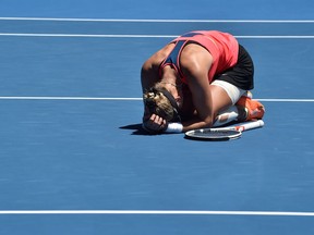 Croatia's Mirjana Lucic-Baroni celebrates her victory against Czech Republic's Karolina Pliskova during their women's singles quarter-final match on day ten of the Australian Open tennis tournament in Melbourne on January 25, 2017.