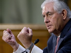 Secretary of State-designate Rex Tillerson gestures while testifying on Capitol Hill in Washington, Wednesday, Jan. 11, 2017