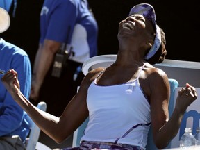 United States' Venus Williams celebrates after defeating compatriot Coco Vandeweghe during their semifinal at the Australian Open tennis championships in Melbourne, Australia, Thursday, Jan. 26, 2017.