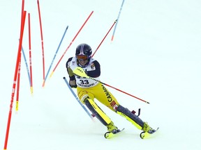 Canada's Erik Read speeds down the course during an alpine ski men's World Cup slalom race in Kitzbuehel, Austria on Jan. 22.