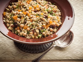 Featuring a blend of herbs and spices, this couscous with chickpeas and dried fruit salad was inspired by Moroccan cuisine.