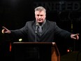 Alec Baldwin speaks onstage during the We Stand United NYC Rally outside Trump International Hotel & Tower on January 19, 2017 in New York City.