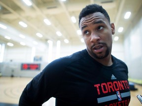 Toronto Raptors forward Jared Sullinger pauses while taking questions from reporters at training camp in Burnaby, B.C., on Sept. 27.