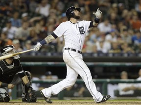 In this Aug. 29, 2016, file photo, Detroit Tigers catcher Jarrod Saltalamacchia watches his two-run home run against the Chicago White Sox.