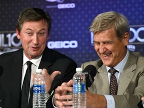 NHL legends Wayne Gretzky, left, and Bobby Orr enjoy a chuckle during Friday's unveiling of the top 100 players in the history of the NHL in Los Angeles. The event was held in conjunction with the all-star weekend festivities.The general consensus among the game's greatest players was that the late Gordie Howe, who was nicknamed Mr. Hockey, was the greatest player of them all.