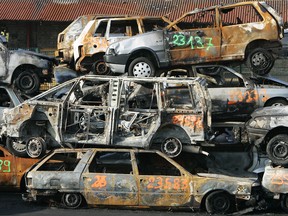 A 2005 file photo of torched cars in Strasbourg, France.