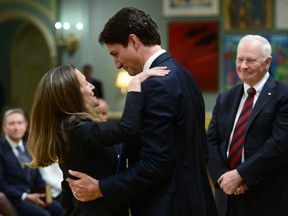 Prime Minister Justin Trudeau congratulates Chrystia Freeland after she was sworn in as Minister of Foreign Affairs during a cabinet shuffle at Rideau Hall in Ottawa on Tuesday, Jan 10, 2017.