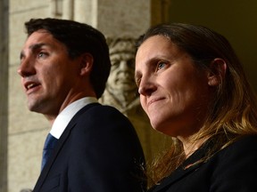 Prime Minister Justin Trudeau talks alongside Chrystia Freeland at a press conference on Parliament Hill in Ottawa on Tuesday, Jan 10, 2017, after she was sworn in as Minister of Foreign Affairs during a cabinet shuffle at Rideau Hall.