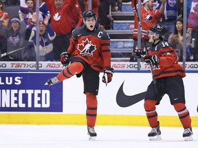 Dylan Strome, centre, scored twice against Russia on Boxing Day, Canada's biggest win to date at the 2017 world junior hockey championship.