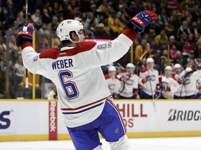 Montreal Canadiens defenseman Shea Weber celebrates after scoring a goal against the Nashville Predators on Jan. 3.
