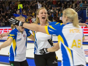 Skip Chelsea Carey celebrates with her teammates moments after winning the 2016 Scotties Tournament of Hearts.