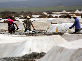 Workers shovel raw salt at the Qijiaojing Salt Field in Hami in northwest China's Xinjiang Uygur Autonomous Region in 2011.
