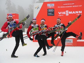 From left: Canada's Len Valjas, Alex Harvey, Knute Johnsgaard and Devon Kershaw celebrate after placing third in the men's 4x7.5 km relay event at the FIS Cross Country skiing World Cup in Ulricehamn, Sweden on Jan. 22.