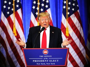 Donald Trump speaks at a news conference at Trump Tower on January 11, 2017 in New York City. This was Trump's first official news conference since the November elections.