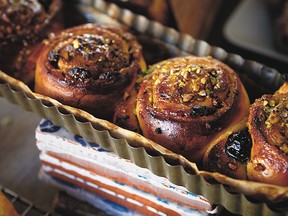 Srulovich and Packer's Fitzrovia Buns are a tribute to the currant-packed Chelsea bun. This breakfast bun is filled with dried sour cherries, pistachios and ground mahleb – an aromatic spice made from cherry kernels.