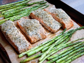 Sheet-pan salmon suppers are terrific — they take minutes to make, and yet the healthy fats in salmon are filling.