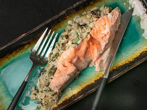 Roasted Salmon with Artichoke Topping.