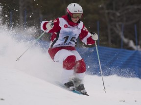 Andi Naude races down the hill at the women's freestyle moguls World Cup on Jan. 21.