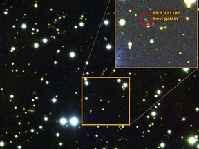 A composite image of the field around FRB 121102. The dwarf galaxy from which the fast radio bursts originate is a barely visible green dot, circled in red in the inset.