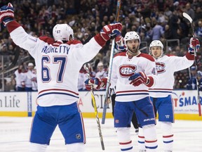 Montreal Canadiens forward Max Pacioretty (left) celebrates his goal against the Toronto Maple Leafs on Jan. 7.