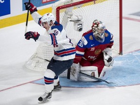 U.S. forward Troy Terry celebrates after scoring the winning shootout goal against Russia goaltender Ilya Samsonov. The Americans won the game 4-3 on Wednesday, Jan. 4, 2017 to advance to the gold-medal game at the IIHF world junior hockey championship in Montreal.