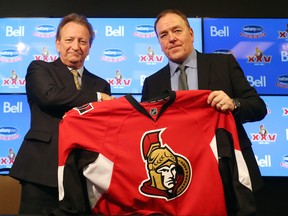 Eugene Melnyk announced that Tom Anselmi (R) is the new CEO and President of the Ottawa Senators, January 25, 2017.