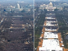 Left shows the crowd in 2009 when Barack Obama took office, on the right the crowd Friday when Donald Trump was sworn in. Both photos were taken around noon from the top of the Washington monument.