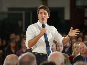 Prime Minister Justin Trudeau speaks during a town hall meeting Tuesday, Jan. 17, 2017 in Sherbrooke, Quebec.